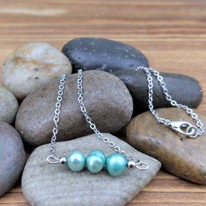 Green Freshwater Pearl Bar Charm Stainless Steel Chain Necklace